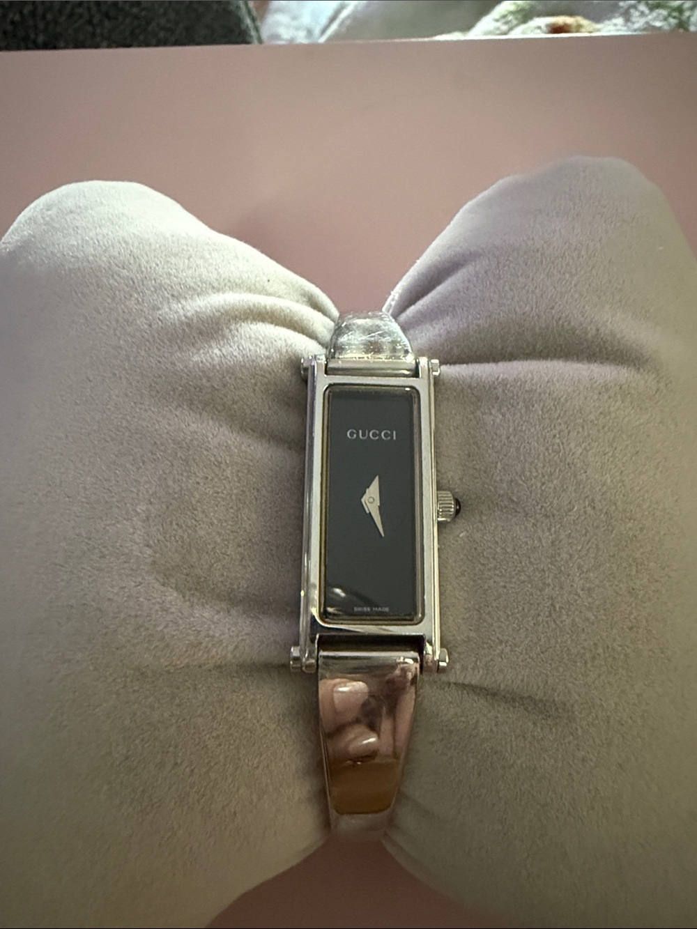 Gucci Silver and Black Rectangular Bangle Watch